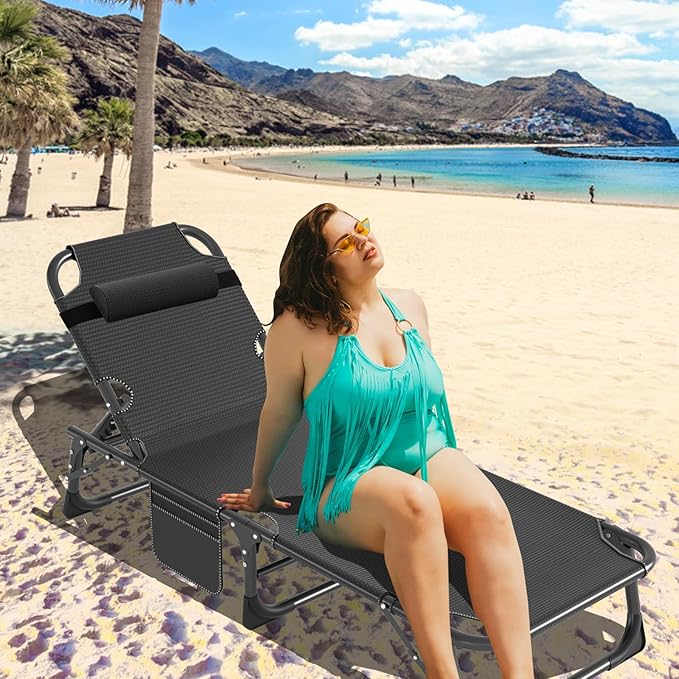 MOPHOTO Folding Chaise Lounge Chair 5-Position, Folding Cot, Heavy Duty Patio Chaise Lounges for Outside, Poolside, Beach, Lawn, Camping