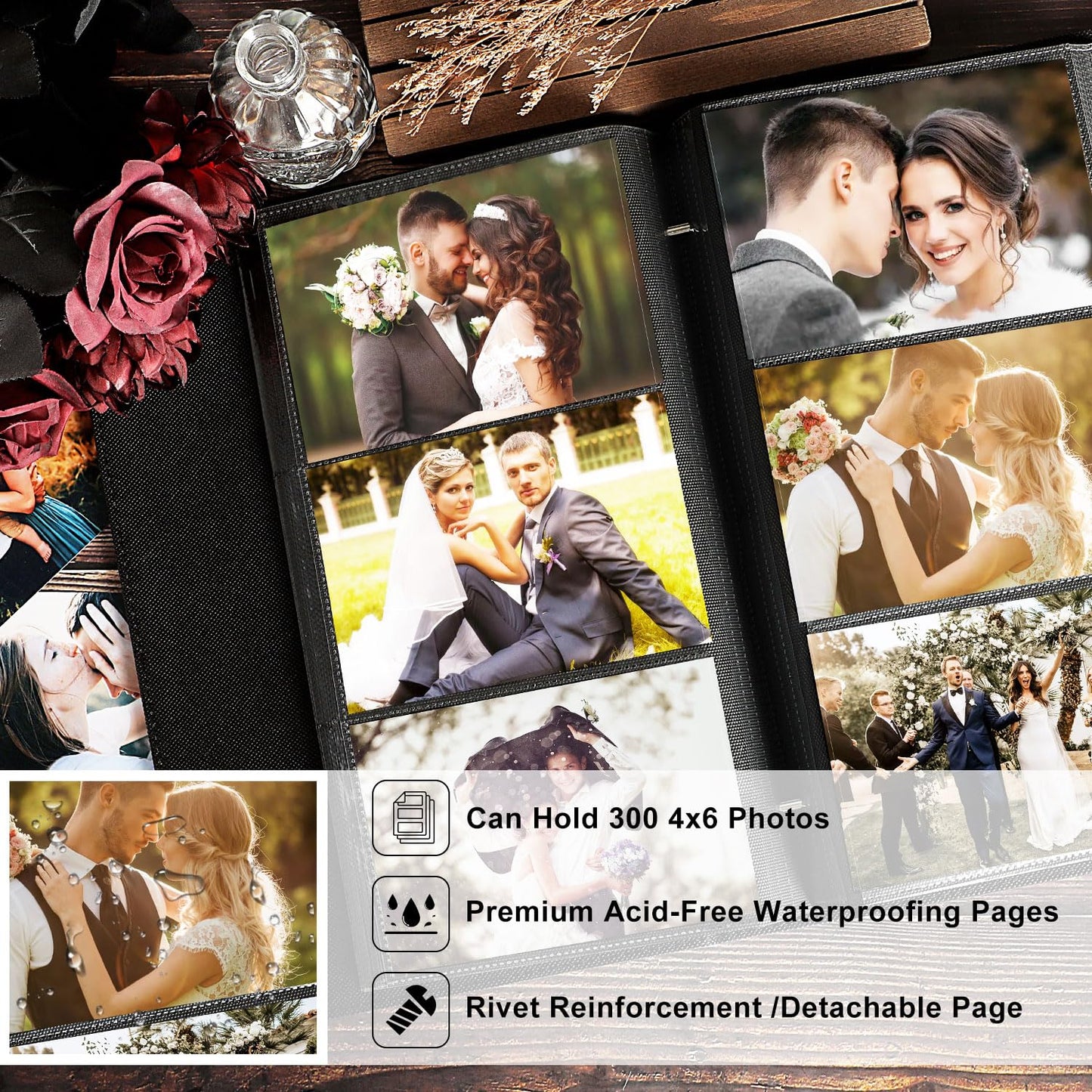 Lanpn Wedding Photo Album 4x6 300 Pocket Photos Slip in, Linen Cover Large Capacity Newlywed Marriage Album Hold 300 Horizontal Photos (Flower, Beige)
