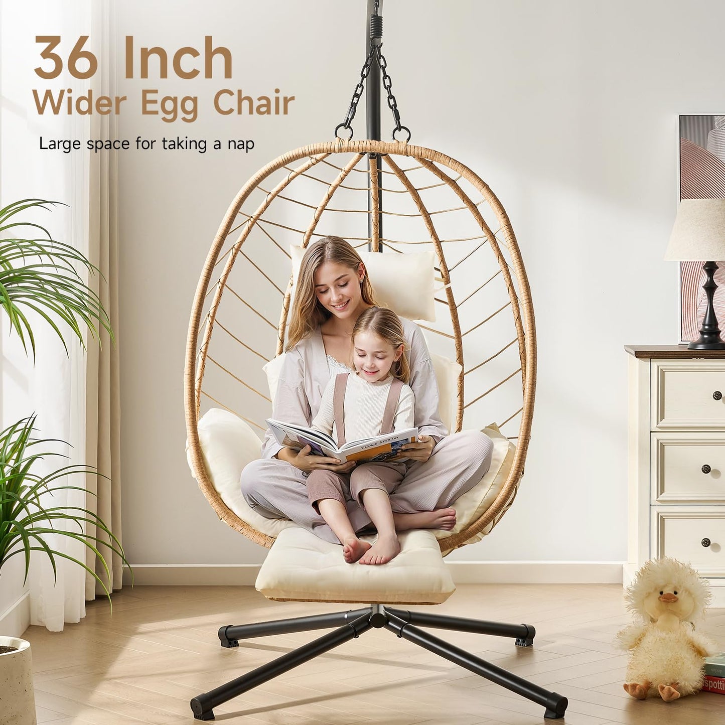 ONBRILL Hanging Egg Chair with Adjustable Footrest & Stand, Wicker Rattan Swing Hammock Chair with Cushion & Double Chains, 350LBS Capacity for Outdoor & Indoor Patio, Deck, Bedroom, Balcony (YE-BE)