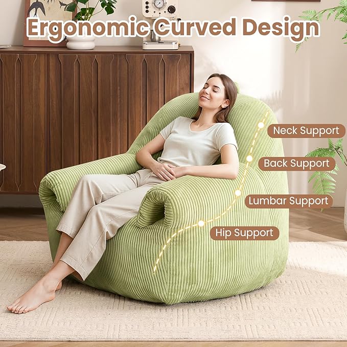Peace nest Bean Bag Chair with Memory Foam Filled Ultra Soft Corduroy Cover for Adults Comfy Fur Bean Bag Chairs with Armrests for Bedroom Living Room Office Dorm Reading Green