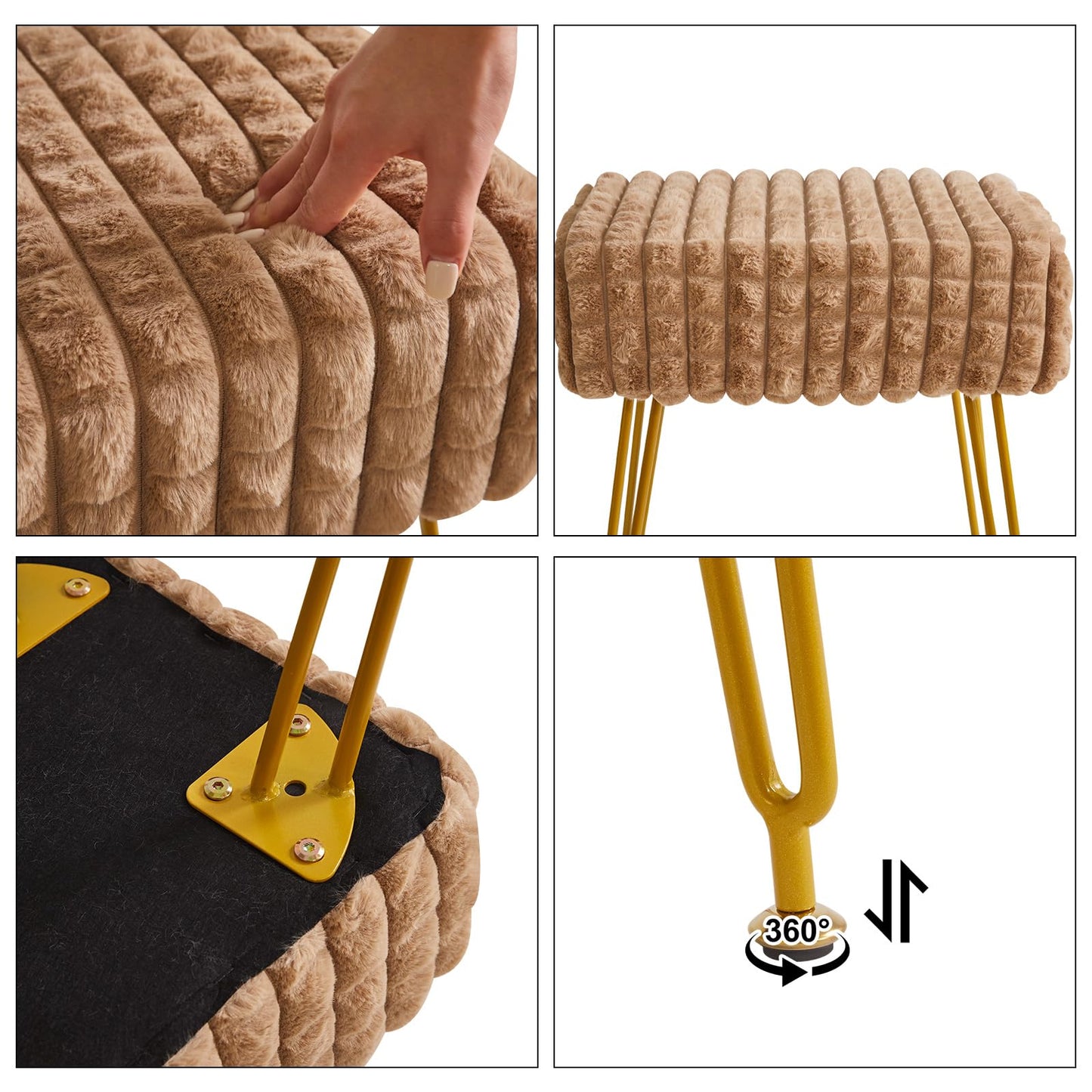IBUYKE Rectangular Footrest Stool Ottoman, Makeup Vanity Stool Side Table, Velvet Dressing Table Seat, Footstool Chair, Golden Steel Legs, for Makeup Room, Bedroom, Square Grid Pattern, Khaki WBD003K
