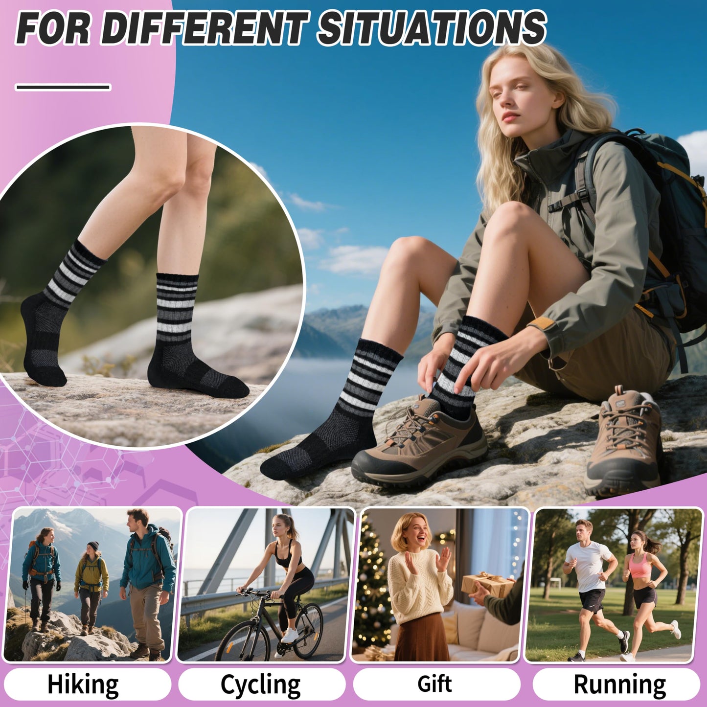EBMORE Womens Merino Wool Hiking Socks Thermal Warm Winter Boot Crew Cushion Work Gift Socks 5 Pairs(Striped-Black,M)