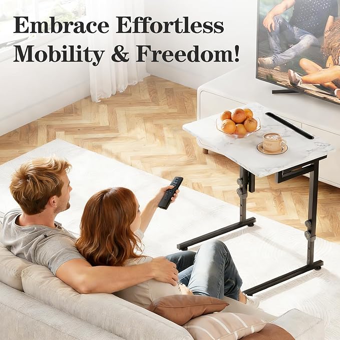 Katrawu Adjustable Height Tv Tray Table,Portable Folding Tv Dinner Snack Table,Small Foldable C-Shaped End Table for Eating,Slide Under Couch Side with Sturdy MDF Top,No Assembly(White Marble+Black)