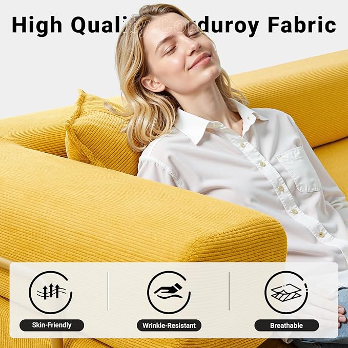 108" Oversized Convertible Sleeper Sofa Bed, Corduroy L Shape Sectional Couch, Folding Sofa Bed with Fixed-Shape Frame, Modern Cloud Floor Mattress Couch, Modular Sofa for Living Room, Yellow
