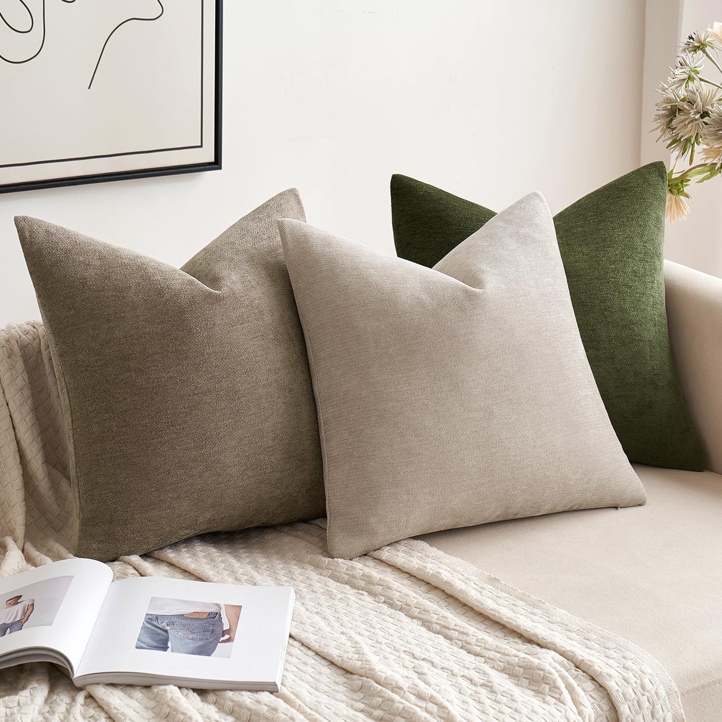 MIULEE Pack of 2 Olive Green Decorative Pillow Covers 18x18 Inch Soft Chenille Couch Throw Pillows Farmhouse Cushion Covers for Home Decor Sofa Bedroom Living Room