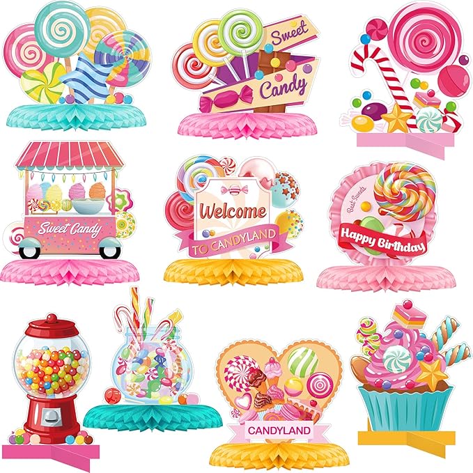 Marspark 10 Pieces Candyland Party Decorations Lollipop Table Centerpieces Sweet Candy Honeycomb Centerpieces Decor for Bi...