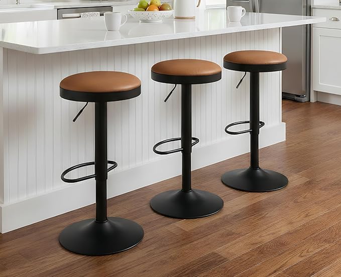 EALSON Modern Swivel Bar Stools Set of 3 Adjustable Counter Height Backless Barstools with Metal Base Leather Upholstered Round Bar Stool Chairs for Kitchen Island/Pub/Breakfast Bar, Brown