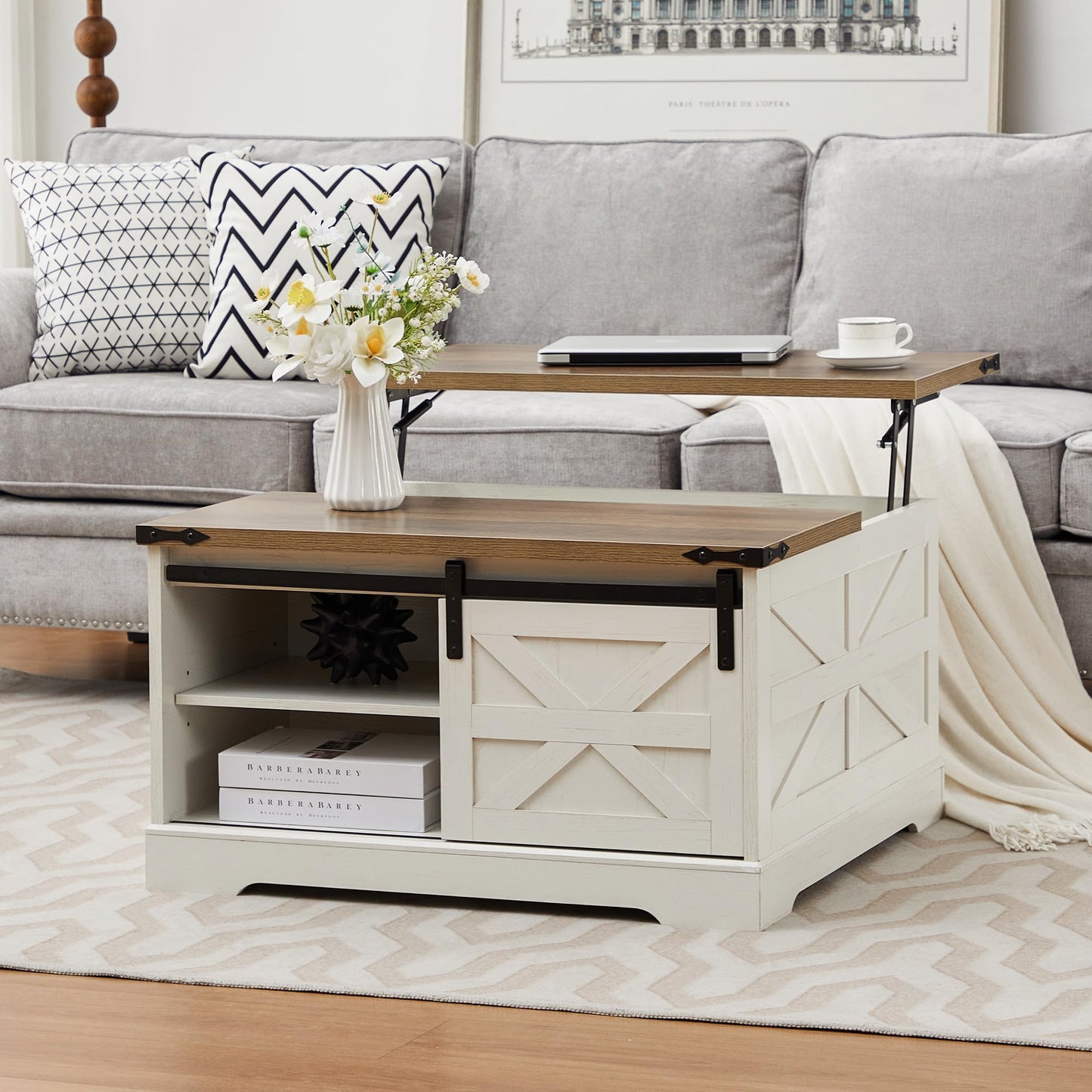 Tltaroni Farmhouse Lift Top Coffee Table，Wood Square Coffee Table with Sliding Barn Door and Adjustable Shelf Rustic Center Table with Hidden Storage Compartment for Living Room