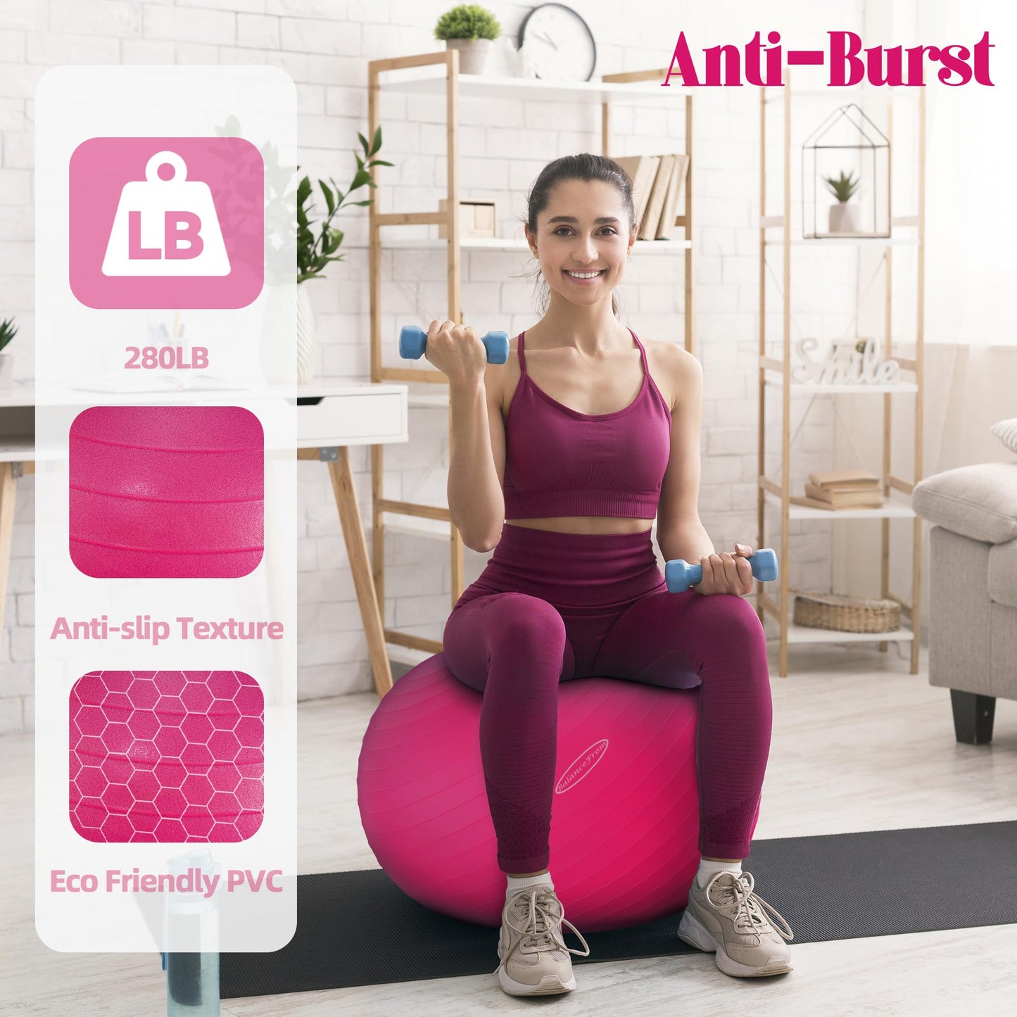 Fitvids Anti-Burst Slip Resistant Exercise Ball - 18-inch Pink, 2,000-Pound Capacity