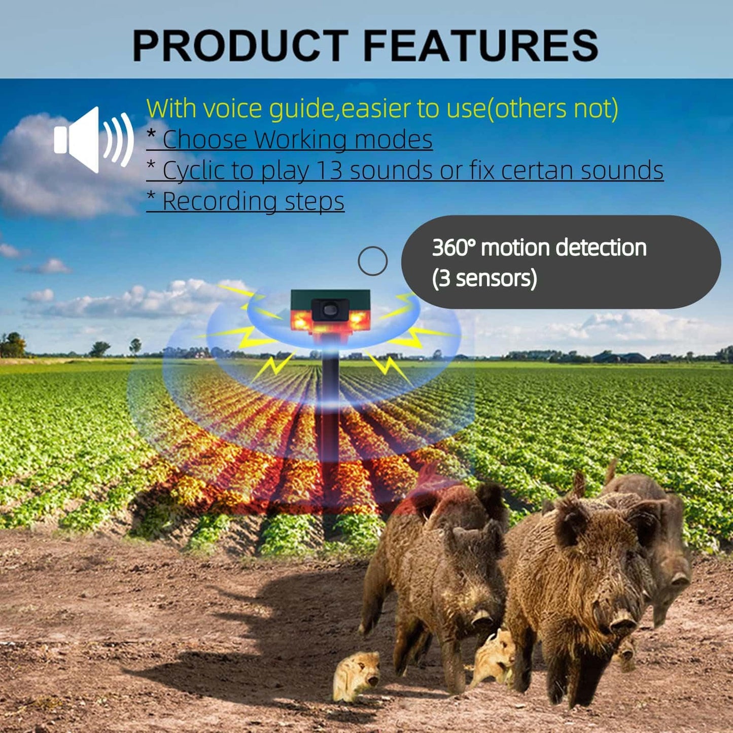 Hulppre Solar Outdoor Motion Sensor Alarm-Dog Barking&Gunshot Sound,130Db Loud Noise Maker,Support Recording,13 Kinds Of Sound S