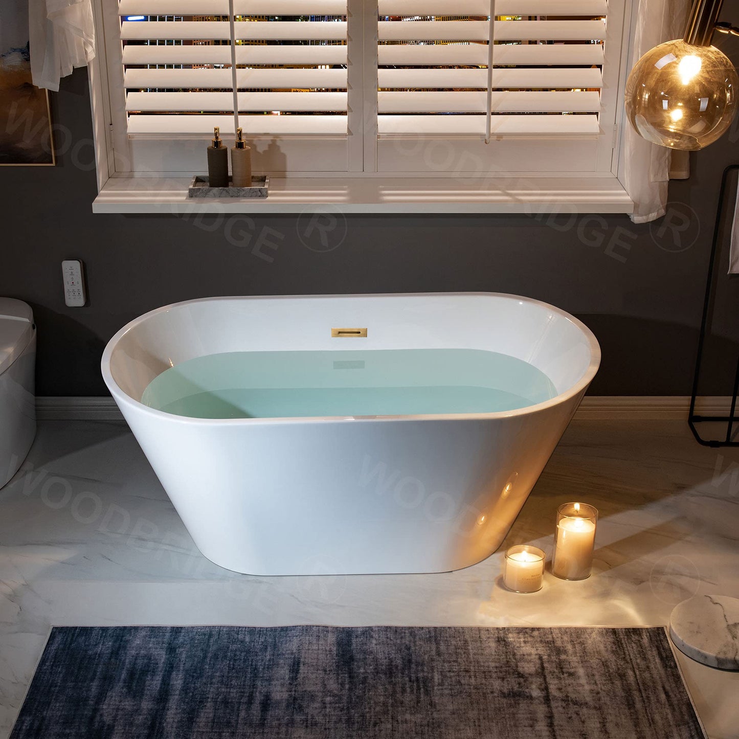 WOODBRIDGE 54" Acrylic Freestanding Bathtub Contemporary Soaking White Tub with Brushed Gold Overflow and Drain,B1702-BG