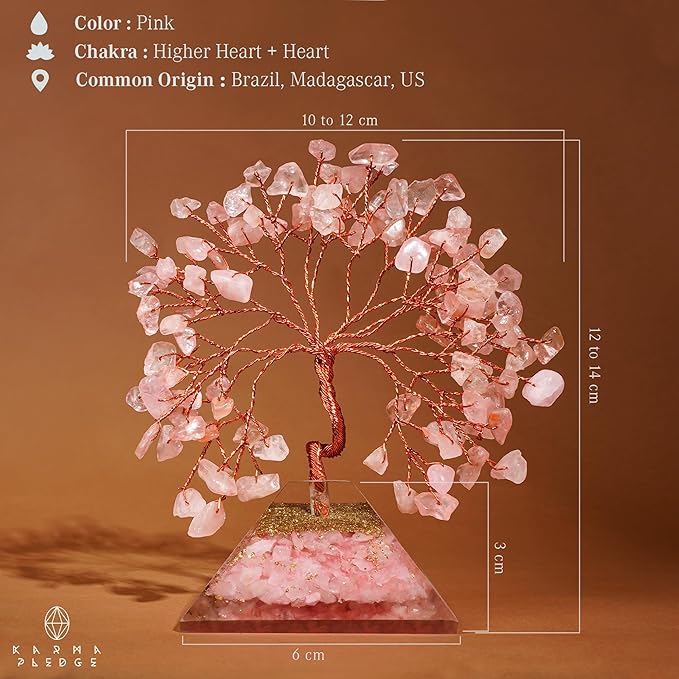 KARMAPLEDGE Rose Quartz Crystal Tree Good Luck Birthday Gifts for Womens, Mom, Home and Office Desk Decor, Pyramid Base Reiki Healing Stones & Chakra Tree of Life for Positive Energy, Money, Sucess