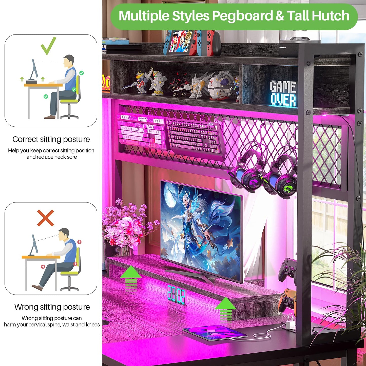 iSunirm 48 Gaming Desk with Hutch, Large Computer Desk with LED and Charging Station, Home Office Desk with Pegboard, Power Outlet, Storage and Monitor Stand, 48'' Gamer Desk PC Table, Grey