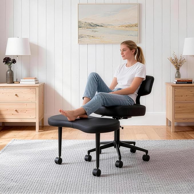 DUMOS Ergonomic ADHD Cross Legged Office Desk Chair with Adjustable Backrest, Height Adjustbale Meditation Chair with 360° Swivel Footstool, PU Leather Yoga Stool for Home Office, Black