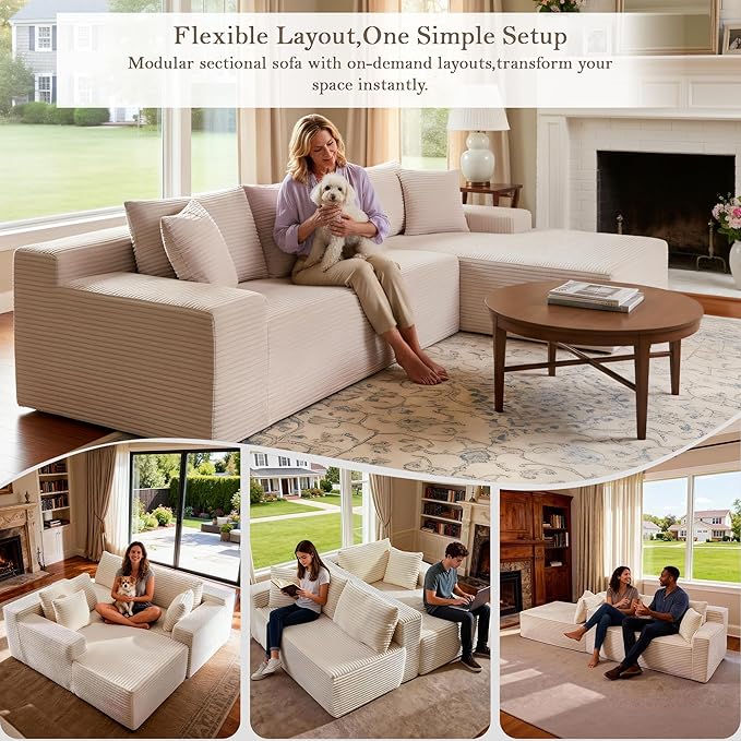105’’ L-Shape Modular Sectional Sofa with Chaise, Convertible Cloud Couch, Corduroy Fabric & High-Density Memory Foam, No Assembly Required for Living Room (Beige, Right Facing Chaise)