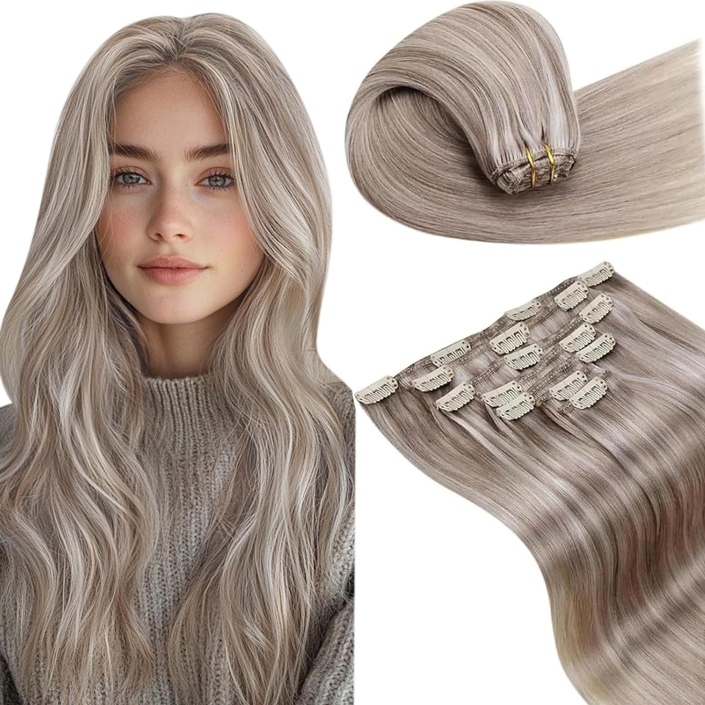 LaaVoo Human Hair Clip in Extensions Blonde Highlights Clip in Hair Extensions Real Human Hair 20 Inch Dirty Blonde Highlighted