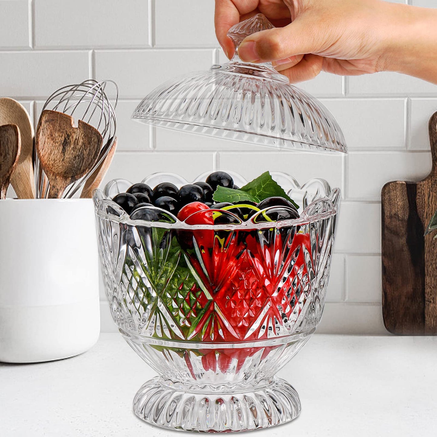 Lyellfe Glass Candy Dish with Lid, 40 Oz Large Clear Covered Cookie Bowl, Decorative Embossed Food Storage Container for Candy Buffet, Office Desk, Lead-free, Dishwasher Safe