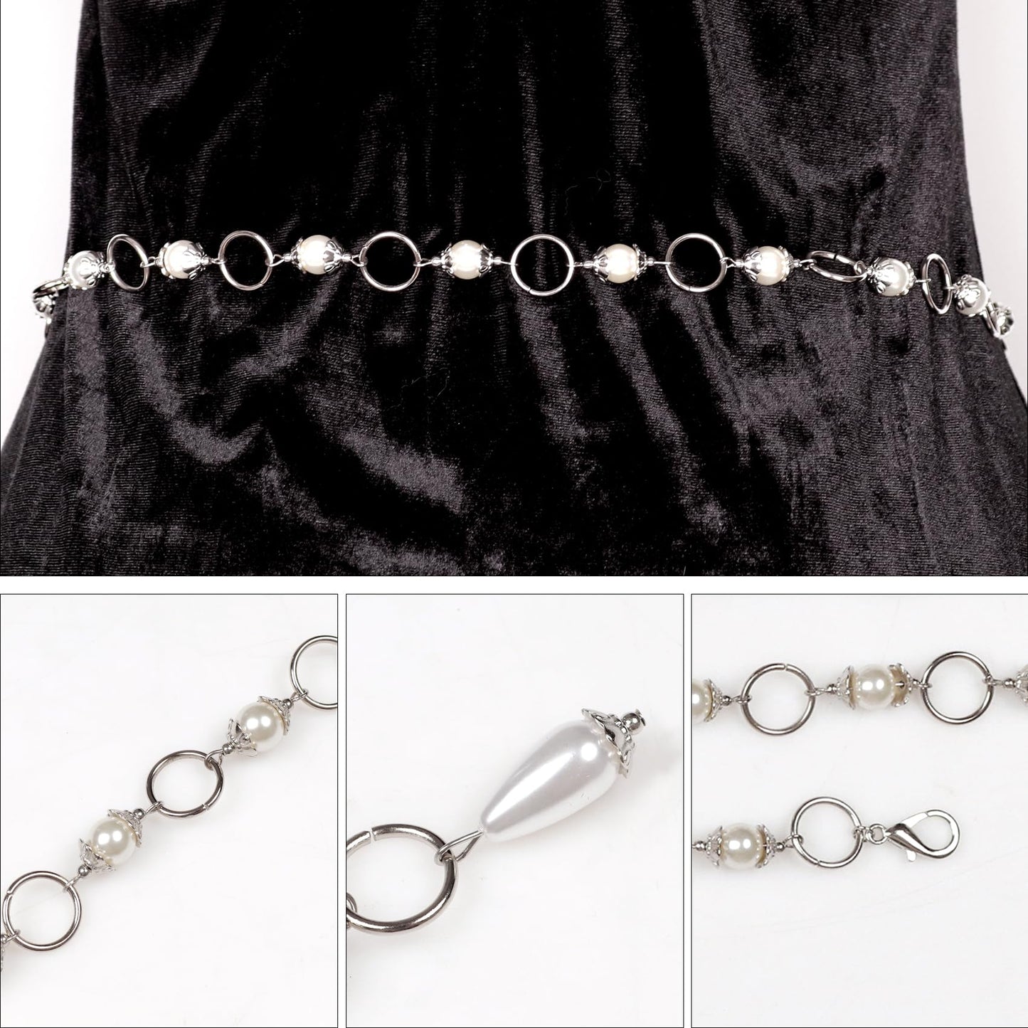 L'VOW Women's Renaissance Medieval Witch Belt - Silver Waist Chain With Concho Bead and Long Pearl for Dresses