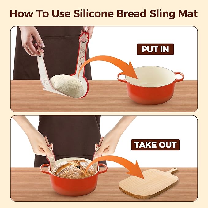 Silicone Bread Sling for Dutch Oven, 2Pcs - 6in NonStick Round Sourdough Baking Slings, Reusable Baking Cooking Transfer Mats with Long Cat-Shape Handle, Easy To Transfer Bread More Easily
