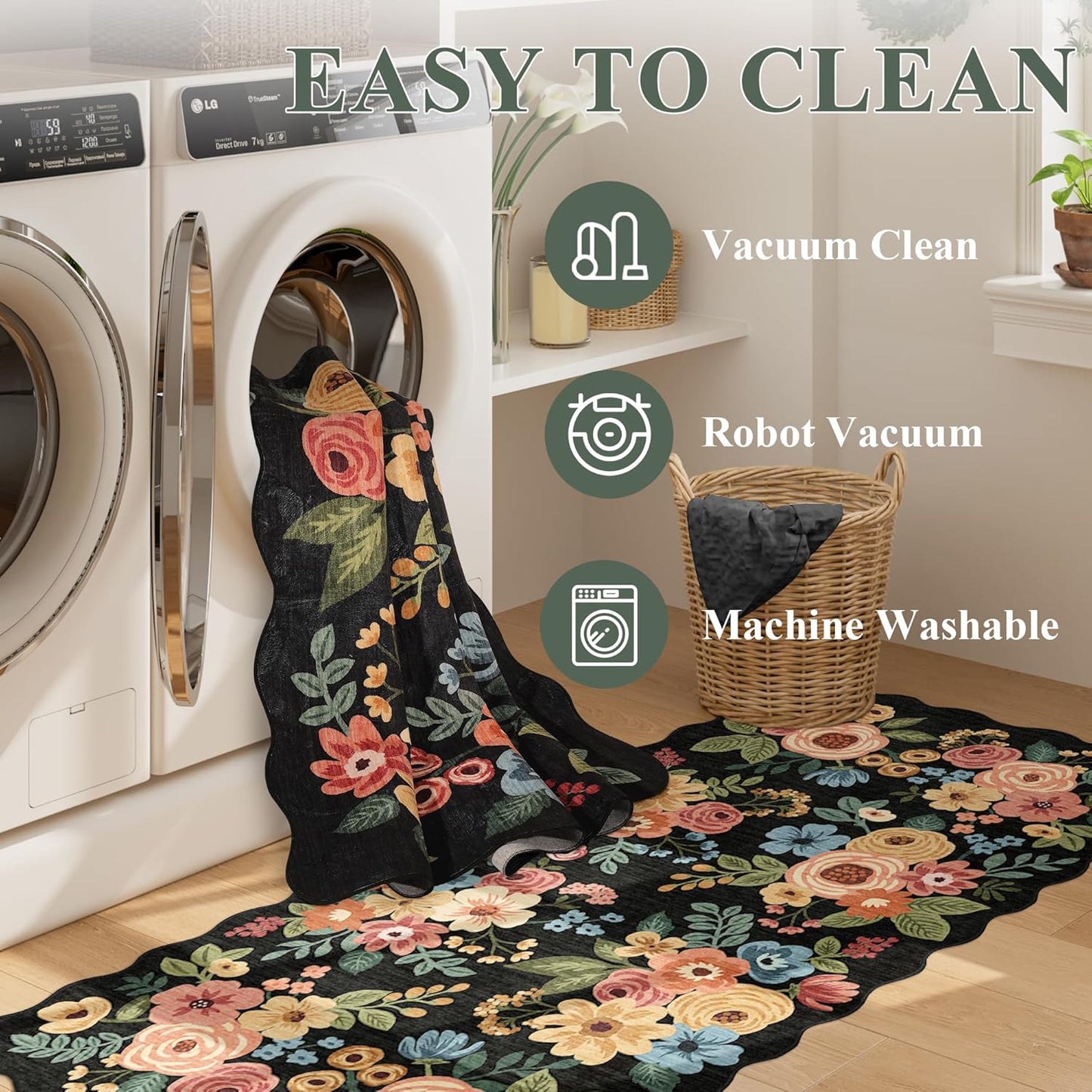 DUKINO 6x9 Area Rug, Floral Washable Rugs for Living Room with Non Slip Backing & Non-Shedding, Lightwight Low Pile Boho Design Large Carpets for Bedroom, Living Room, Dining Room, Black