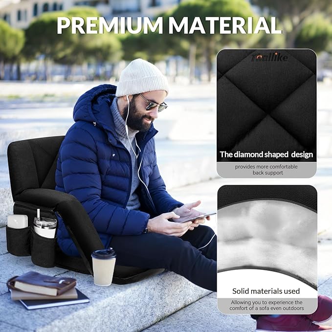 25inch Extra Wide Stadium Seat, Thick Bleacher Chair with Back Support and Cushion, 6 Reclining Positions Bleacher Seat with Armrest, Upgrade Sofa Style Stadium Chair for Sport Events and Outdoors