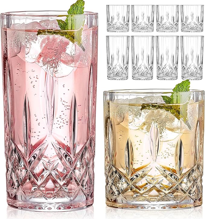 Qipecedm Drinking Glasses, 8 Piece Crystal Glass Cups, Mixed Glassware Set, 4 pcs Crystal Old Fashioned 11oz Highballs and...