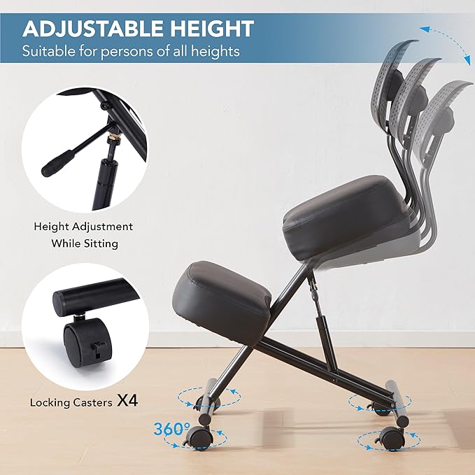 SOMEET Ergonomic Kneeling Chair with Back Support, Kneeling Desk Chair for Home Office with Brake and Gliding Casters, Adjustable Posture Chair with High Back for Desk to Relieve Back Pain, Black PU