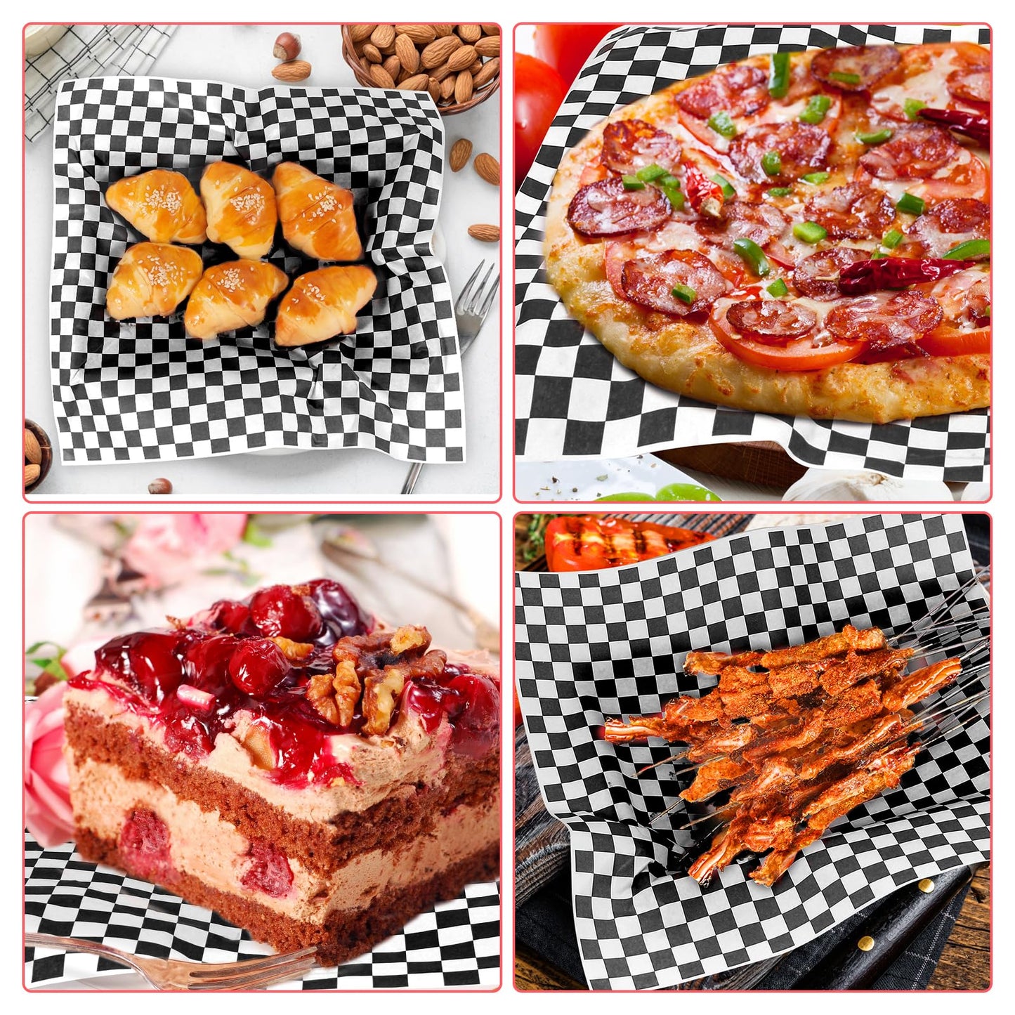 100pcs Deli Paper Sheets 12x12", Premium Food Basket Liners, Grease Resistant Wax Sheets for Food, Classic Black Checkered Sandwich Wrapping Paper for Party, Festival and Outdoors, JIRNGLA