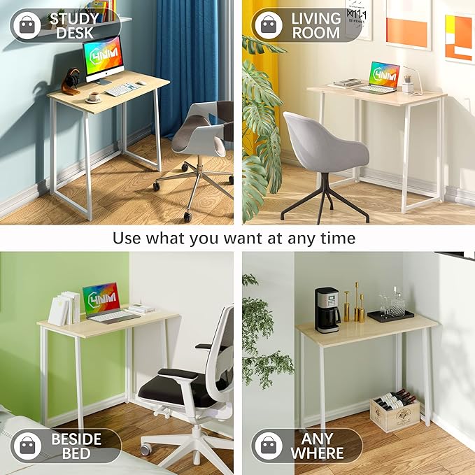 4NM 31.5" Small Folding Desk, Foldable Computer Home Office Desk, Study Writing Table for Small Space Saving Bedroom, Easy Assembly - Natural and White