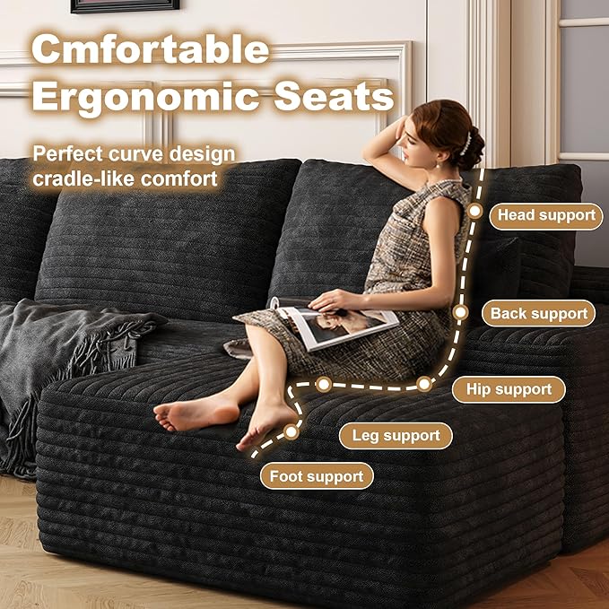 AUGOP 108" Sectional Couches for Living Room Modern Modular Sofa with L-Shape Couchs Upholstered Boneless Couch Deep Seat Sectional Couch with Chaise (Black, Left Facing Chaise+2Seaters+1Ottoman)