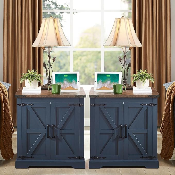 Barnyatoh Farmhouse End Table with Charging Station,24" Large Side Table with Barn Door, Wood Square Nightstand Bedside Table with Adjustable Storage Shelf for Living Room, Bedroom,Navy Blue 2-Pack