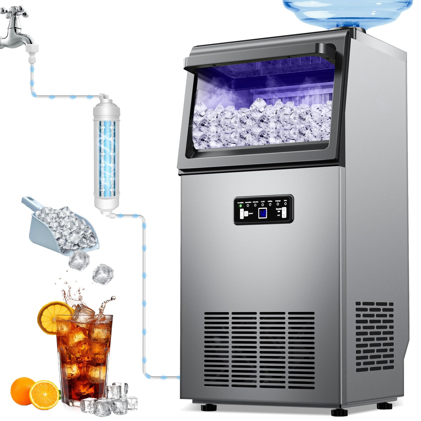 Ice Machine Commercial Ice Maker Machine 120lbs/24H with 22lbs Storage, Stainless Steel Freestanding Ice Machine 40Ice/Cycle 2 Water Inlet Modes, Self-Cleaning Function for Homes Bars Restaurants