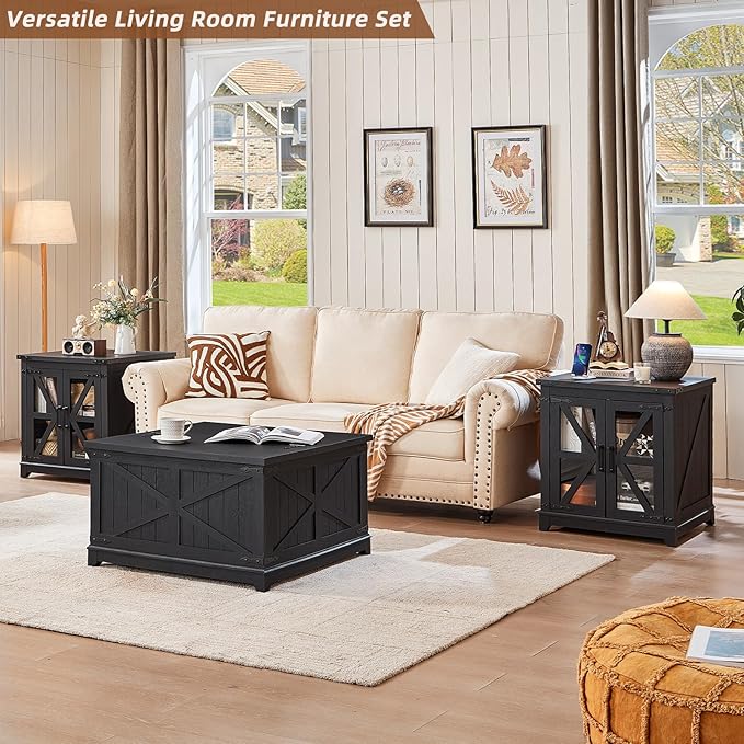Farmhouse Coffee Table Sets 3 Pieces, Large End Side Tables with Charging Station and Coffee Table with Hidden Storage Compartment, Black Living Room Table Set, Wood Furniture Sets for Home Office