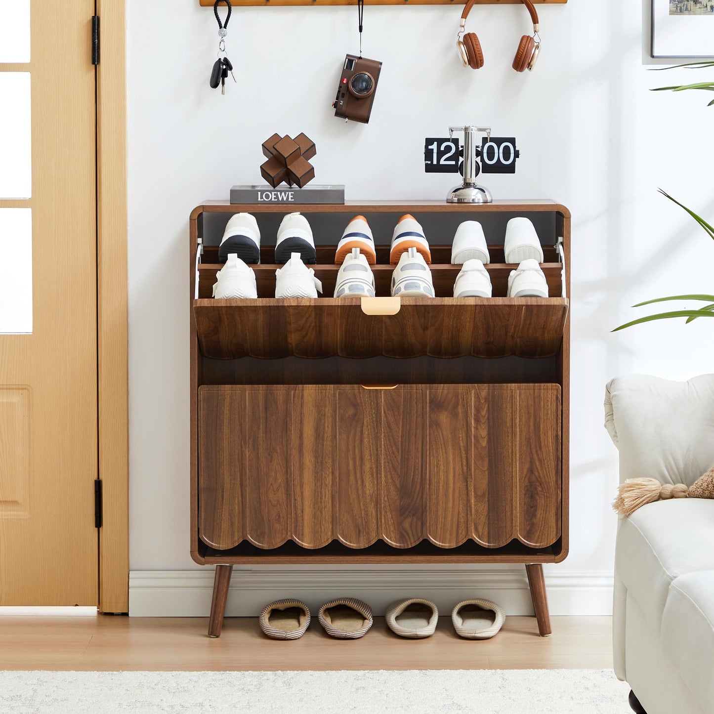 Shoe Storage Cabinet for Entryway with 2 Flip Drawers, Freestanding Narrow Wood Shoe Cabinet with Wave Panel, Hidden Shoe Organizer for Foyer, Hallway (Walnut)