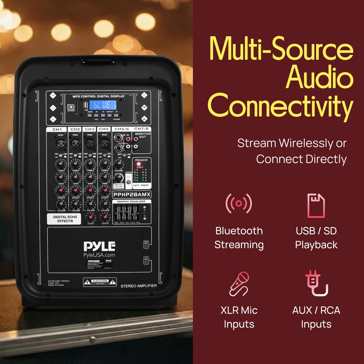 Pyle PA Speaker DJ Mixer Bundle - 300 W Portable Wireless Bluetooth Sound System w/ USB SD XLR 1/4" RCA Inputs - Dual Speaker, Mixer, Microphone, Stand, Cable - Home/Outdoor Party - PPHP28AMX,Black
