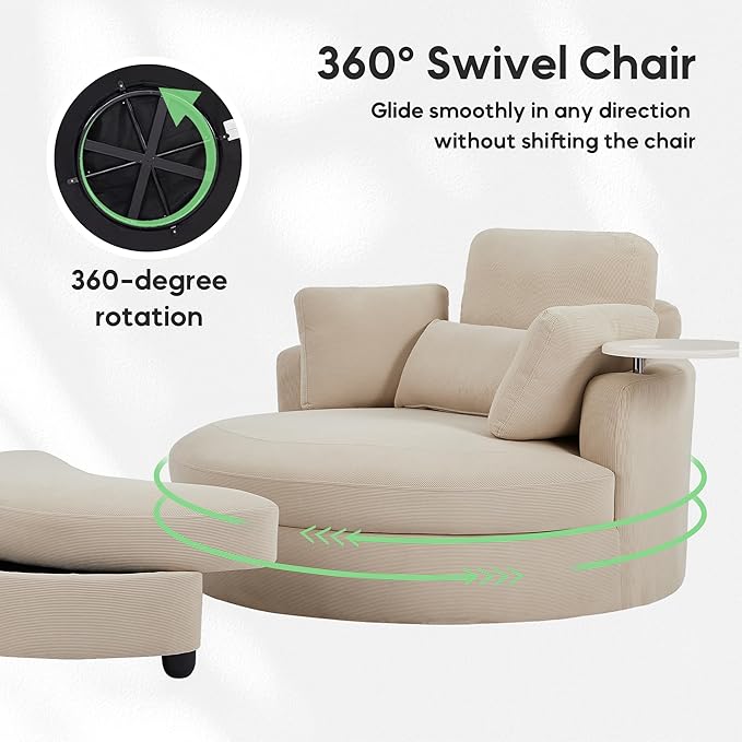 Yoglad Oversized Round Swivel Accent Chair - 360 Degree Chairs with Ottoman Armrest Tray Ideal for Living Room, Bedroom(Corduroy Beige)