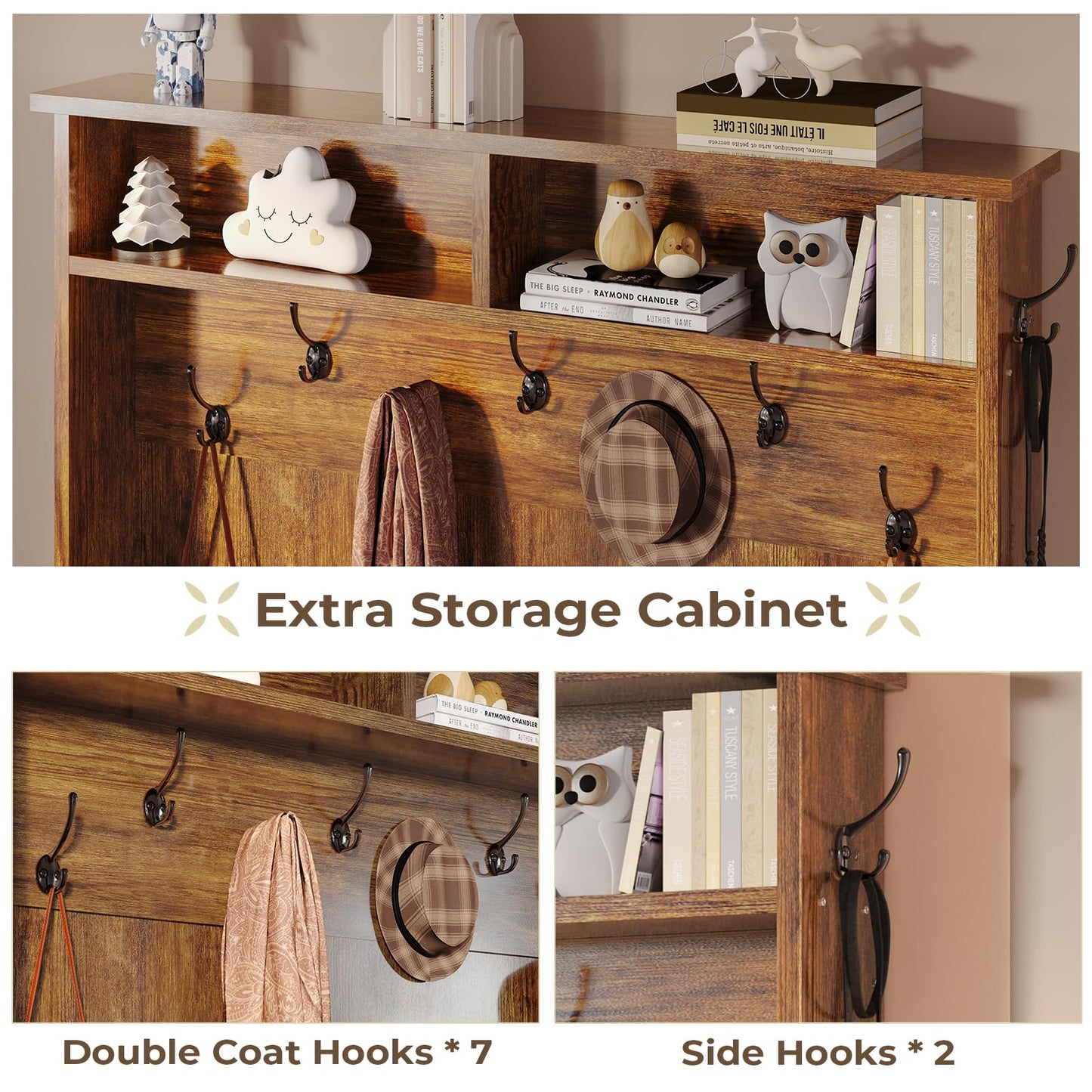 Itaar Hall Tree with Bench and Shoe Storage, 5-in-1 Entryway Bench with Coat Rack, 10 Shoe Cubbies & 9 Coat Hooks, Barn Door & Adjustable Shelf (Rustic Brown)