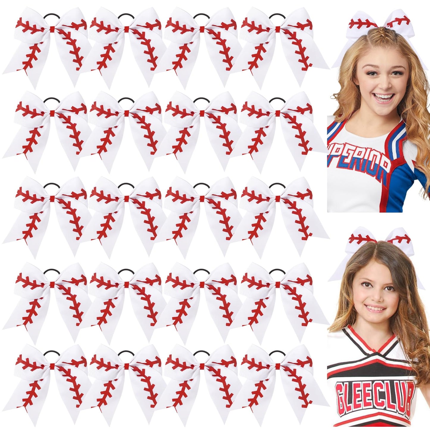 YLEN YHXX 20 PCS 8 Large Baseball Cheer Hair Bows Cheerleading Bows with Ponytail Holder Elastic Band Handmade for Cheerleading