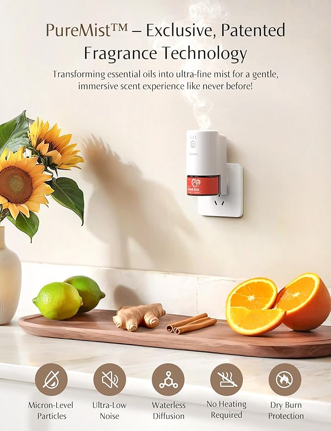 SF101S Smart Wi-Fi Waterless Plug-In Air Freshener, 100% Plant-Based Ultrasonic Diffuser, Adjustable 120-Day Scent Air Mist, Covers 100㎡ for Home, Hotel-cedarwood Citrus Veil