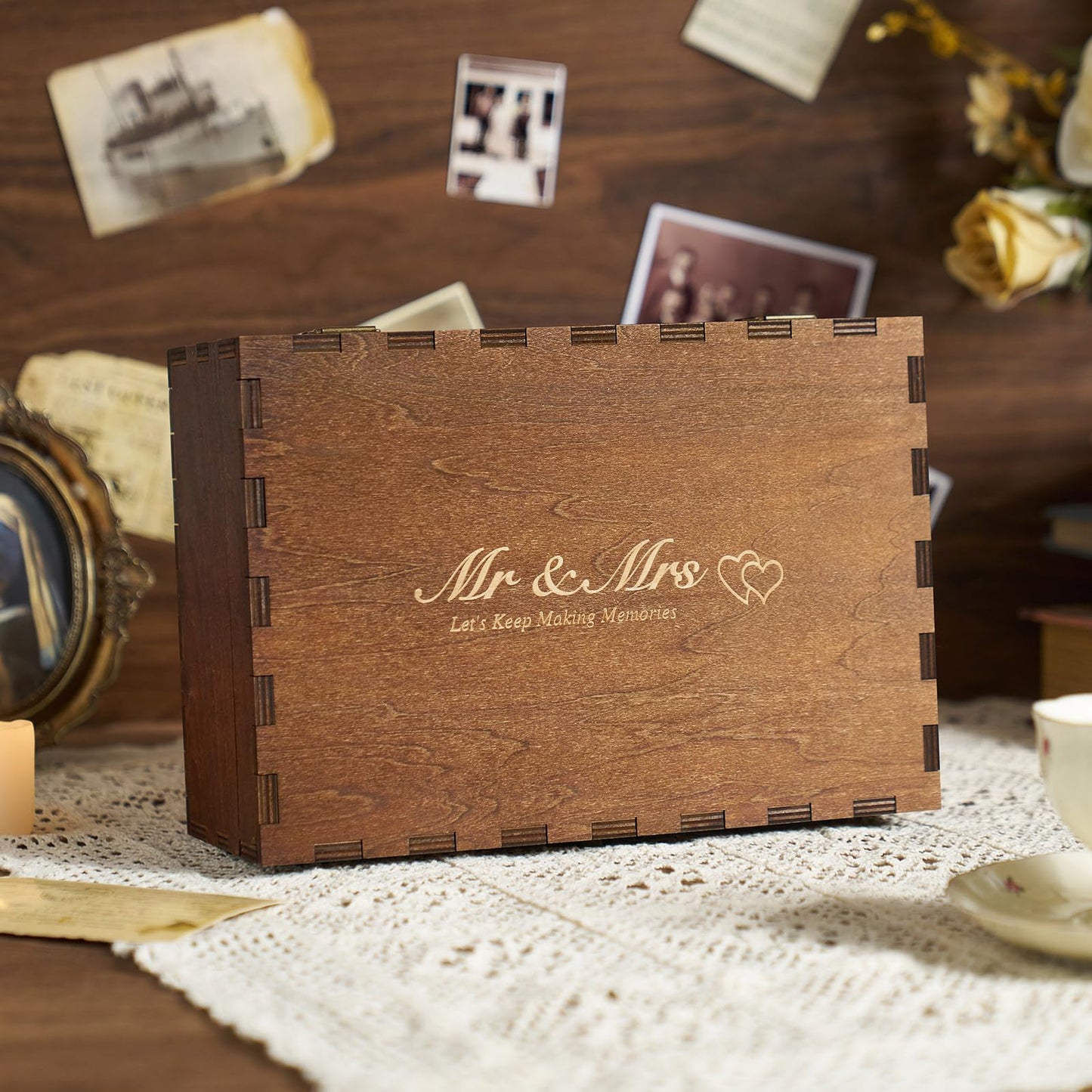 AW BRIDAL Large Wedding Keepsake Box with Lid - Wood Mr Mrs Memory Storage box - Bridal Shower Gifts Anniversary Engagement Wedding Gifts for Couples Newlyweds, Large