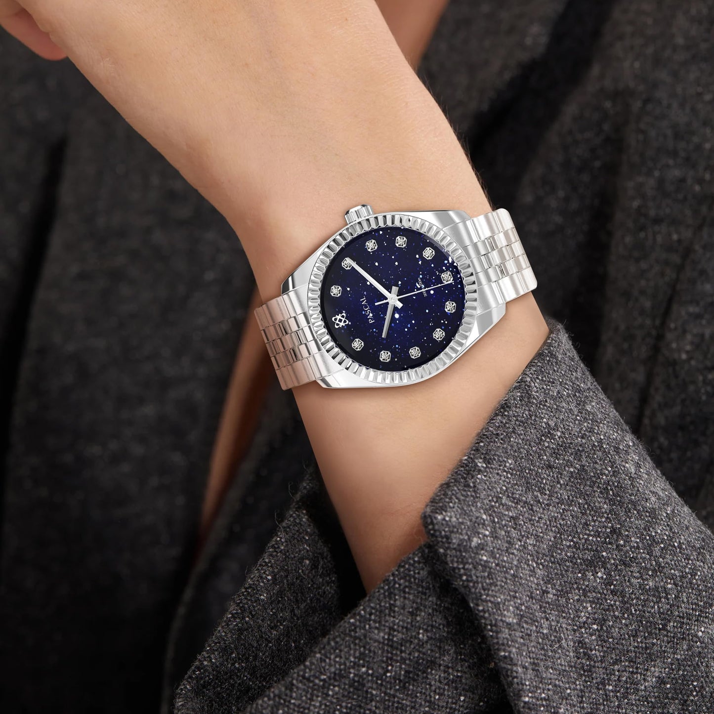 PASCAL Timeless Classic Women's Watch, Swiss Quartz, Sapphire Crystal, 10ATM Waterproof, Stainless Steel Bracelet in Silver & Rose Gold, Diamond Hour Markers, 31mm (Navy)