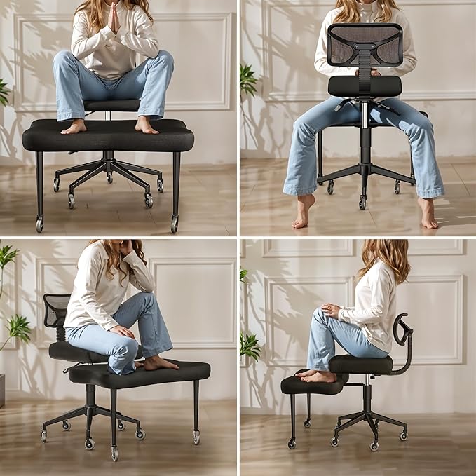 Cross Legged Office Chair with Rubber Wheels - Breathable Mesh Fabric - 360° Swivel ADHD Chair, Wider & Thicker Cushions for Meditation Chair, Criss Cross, and Kneeling