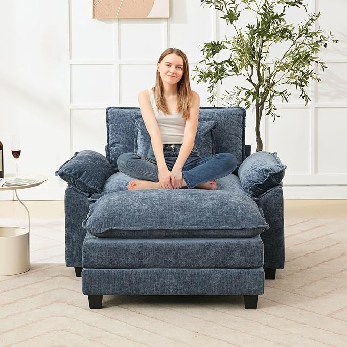 Oprisen 53" Modular Sectional Sofa, Comfy Cloud Couch Sectional Sofa with Ottoman, Chenille Sofa Sleeper Deep Seat Sofa with Throw Pillows for Living Room (Blue)