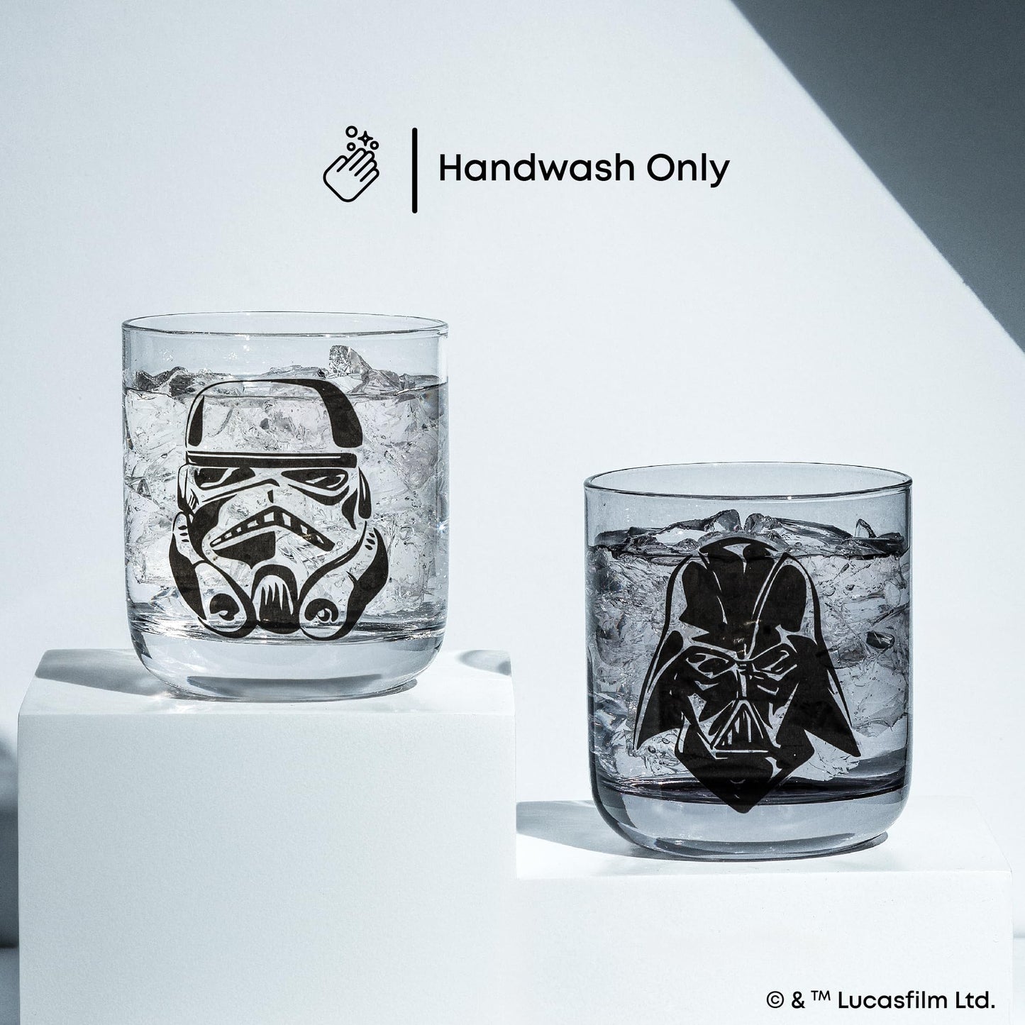 JoyJolt Star Wars Dark Side Monochrome Short Drinking Glasses, 10oz Glass Tumbler Cup Set ft Darth Vader and Stormtrooper, Star Wars Kitchen Glasses Set of 2, Star Wars Gifts for Men Women and Adults