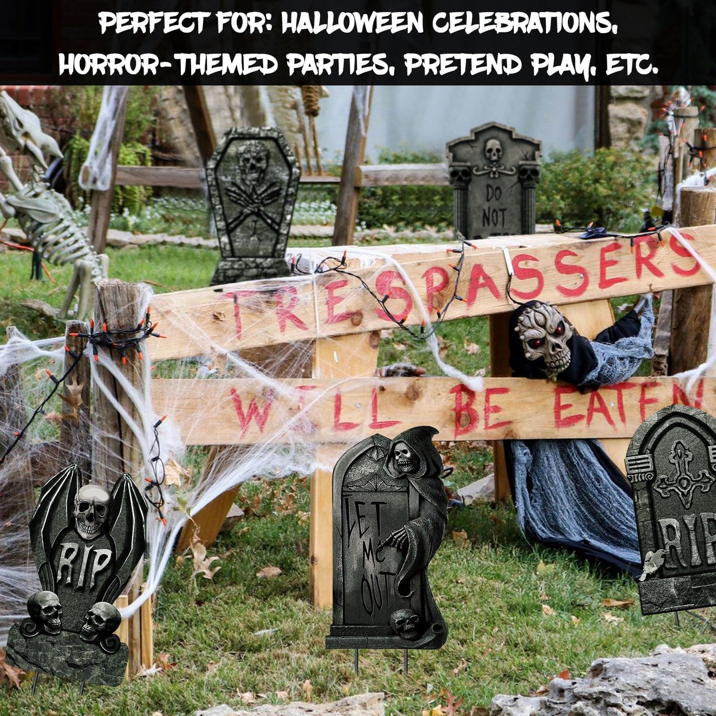 DECEED 6 PCS 16.9" x9.8" Halloween Yard Signs Graveyard Tombstones Halloween Outdoor Decorations, Gravestones Yard Signs with Stakes Scary Lawn Decor Party Supplies