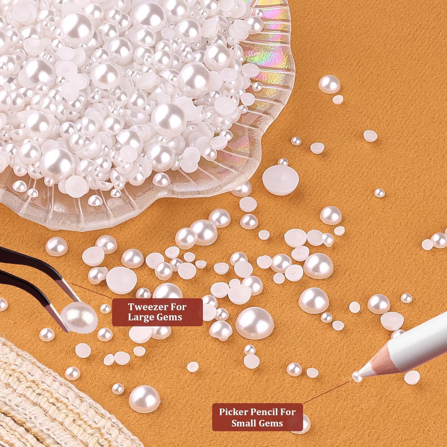 4 Boxes Flat Back Pearls Kit 1 Flatback White Half Round Pearls 3-10mm with Pickup Pencil and Tweezer for Home DIY and Professio
