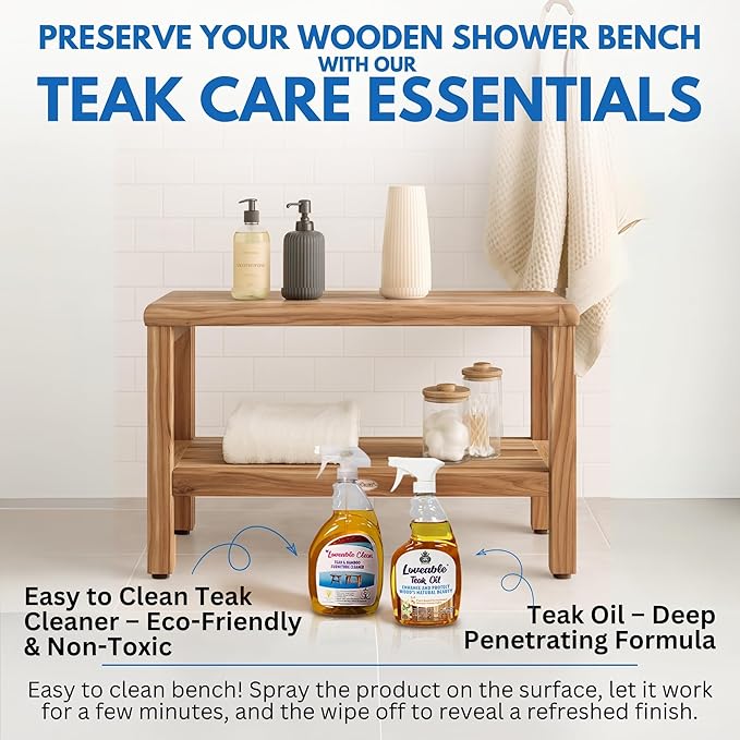 EcoDecors Teak Shower Bench with Large Storage Shelf 36", 300 lb Capacity – Waterproof Bathroom Seat with Non-Slip Feet, Elegant Natural Teak Finish, Ideal for Adults, Seniors, & Spa-Style Bathrooms
