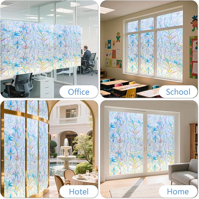 FINNEZ Window Privacy Film Stain Glass Film Flowers Rainbow Window Film Window Clings Non-Adhesive Reusable Decorative for Home（Blue Lotus，17.5 Inch x 13.1 Feet）