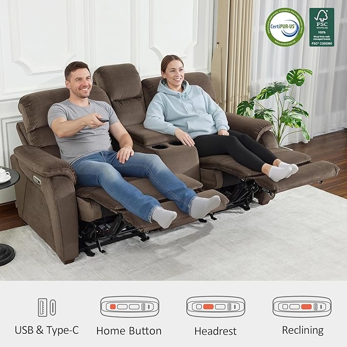 MCombo 73.8'' Wall Hugger Power Loveseat Recliner, Reclining Loveseat with Console, Adjustable Headrest, USB Charge Ports, Cup Holders, for Living Room, RVs, Small Spaces, Fabric ST258M2 (Coffee)