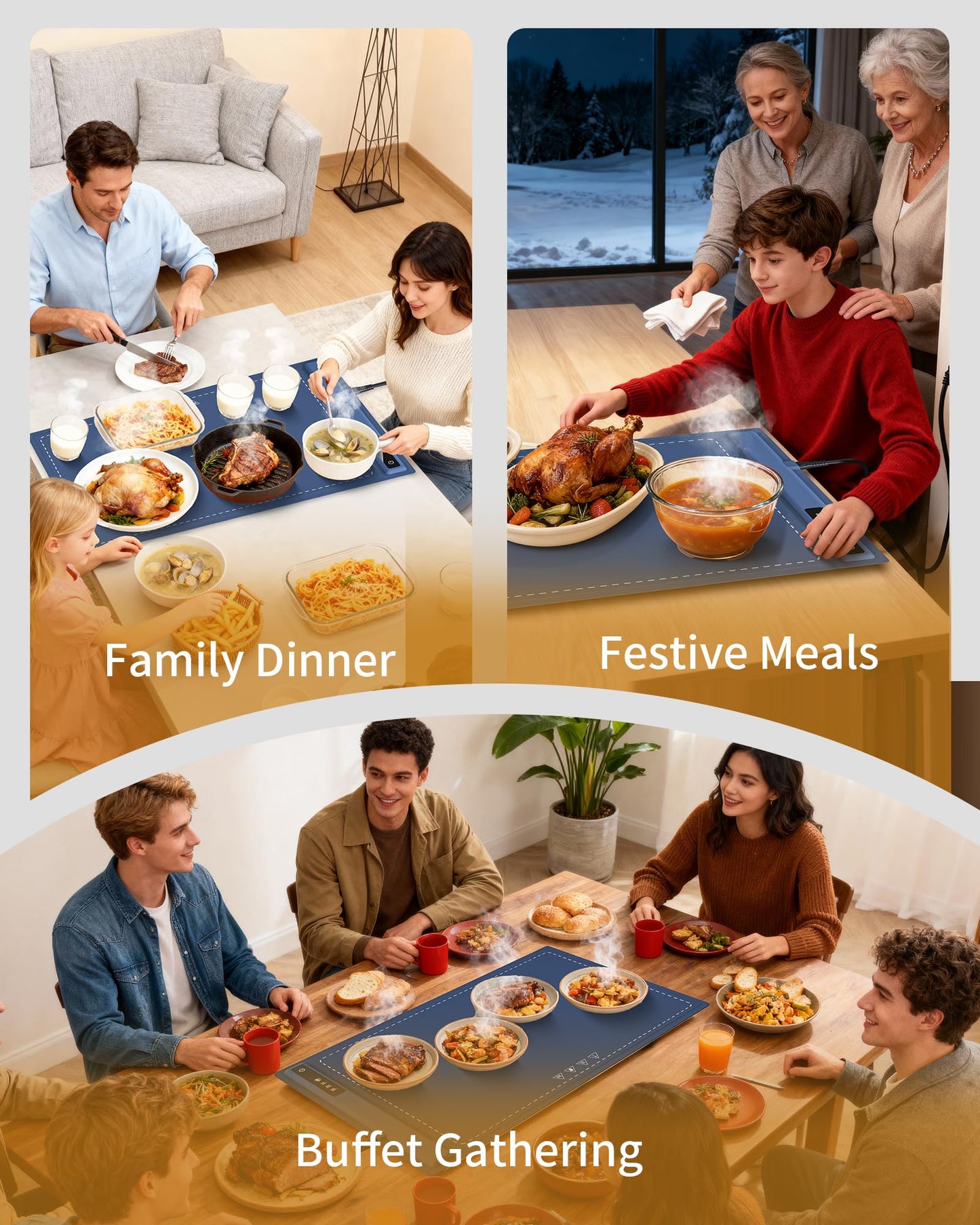 Food Warming Mat - Fast & Full Surface Heating, Silicone Heat Pad with 3 Adjustable Temperature for Buffets Parties, Rollable Electric Warming Tray,Kitchen Heated Plate,Countertop Food Warmer(Blue)